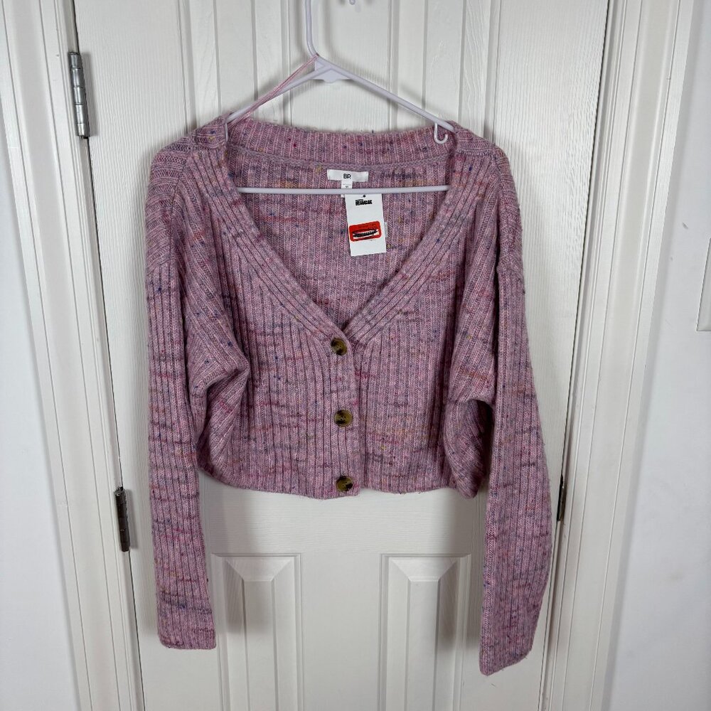 BP Cropped Confetti Knit Cardigan Sweater Pink‎ Multi Color V Neck Size M NWT